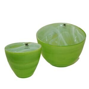 Set of 2 EUC Vintage Green Sea Glasbruk Swedish Asymmetric Art Glass Bowl